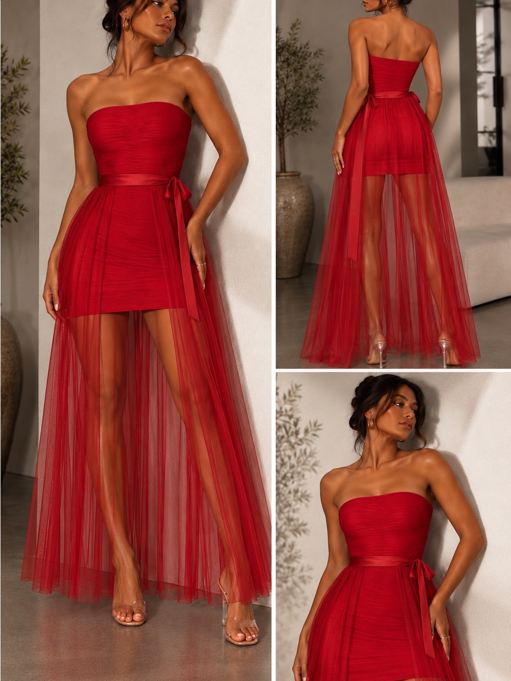 Strapless Textured Mini Dress with Red Tulle Overlay